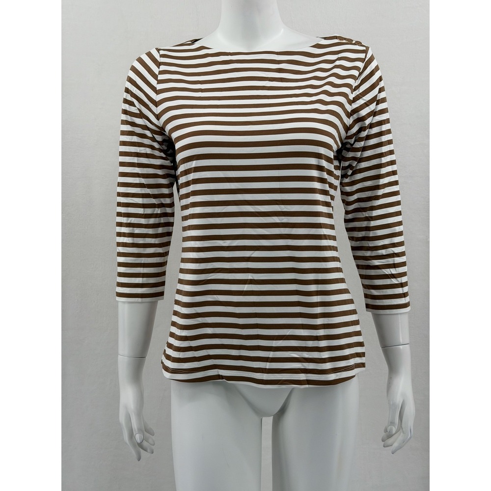 J McLaughlin Top Womens Medium Brown White Stripe Catalina Cloth Coastal Stretch